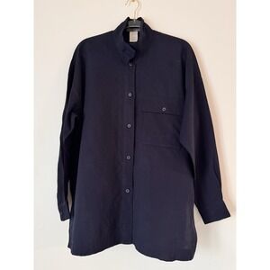 Vintage Issey Miyake Shirt Mens SZ M Navy Blue Button Up Band Collar Pocket